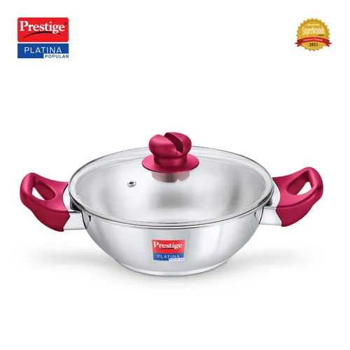 Prestige Platina Popular Stainless Steel Unique Impact Forged Bottom Kadai with Toughened Glass Lid, 20cm (1.5 L) (Silver)